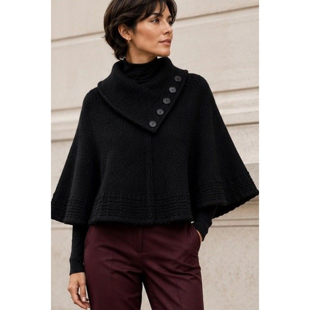 Karisma 100% Lambs’ Wool Cape Poncho Navy Blue M/L Oversized Collar Button Front